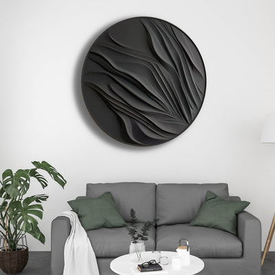Round Black 3D Wall Art Panel with Flowing Abstract Design
