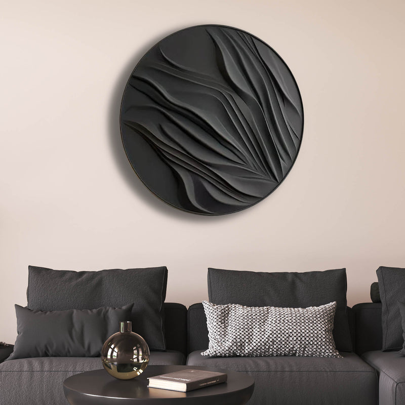 Round Black 3D Wall Art Panel with Flowing Abstract Design