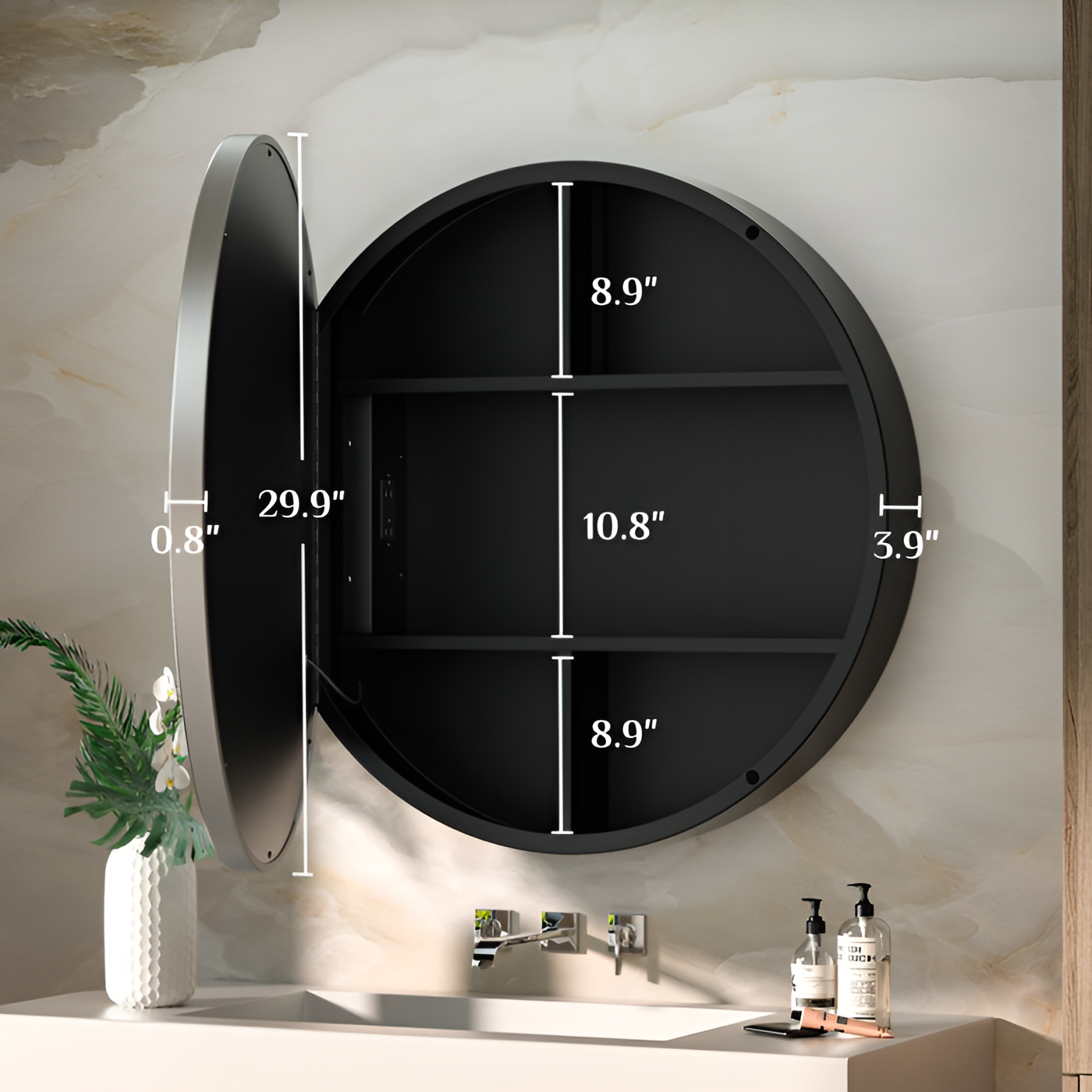 Round LED Mirror Cabinet with Touch Sensor and Modern Frame Design