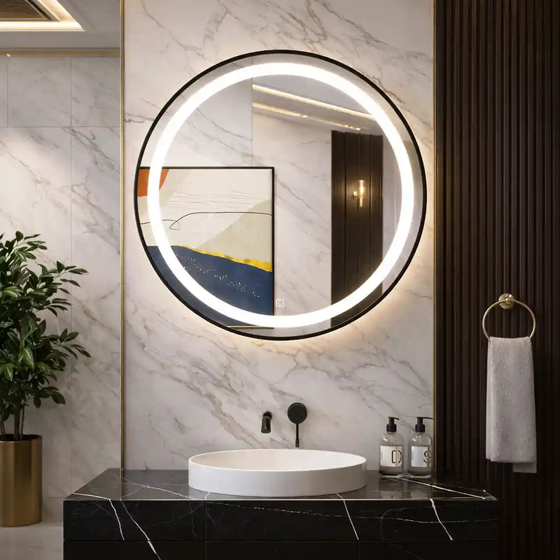 Round LED Mirror Cabinet with Touch Sensor and Modern Frame Design