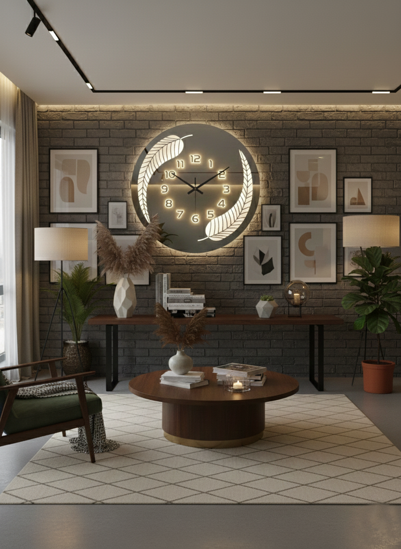 Round LED Mirror Wall Clock | Modern Leaf Design Decorative Clock