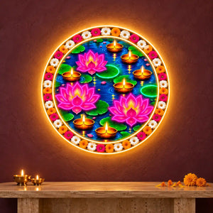 Round Lotus Pond Floating Diya Neon Wall Light for Home & Shop Decoration