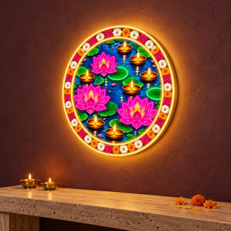 Round Lotus Pond Floating Diya Neon Wall Light for Home & Shop Decoration