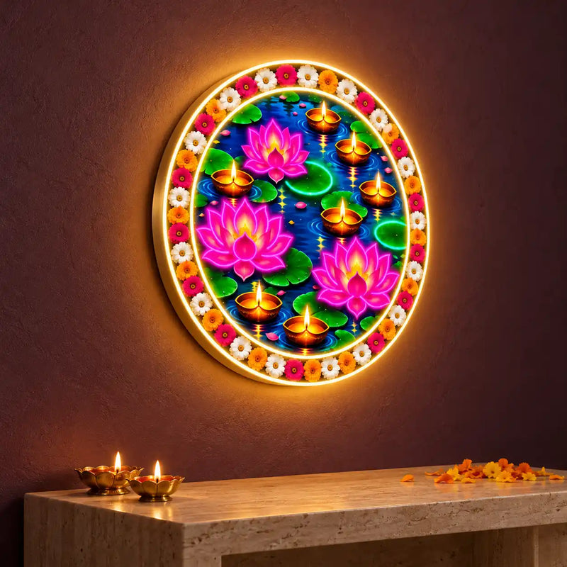 Round Lotus Pond Floating Diya Neon Wall Light for Home & Shop Decoration