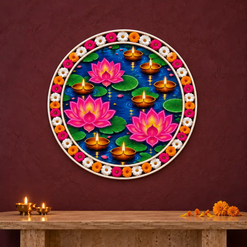 Round Lotus Pond Floating Diya Neon Wall Light for Home & Shop Decoration