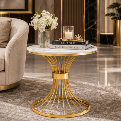 Round Marble Side Table with Gold Wire Base