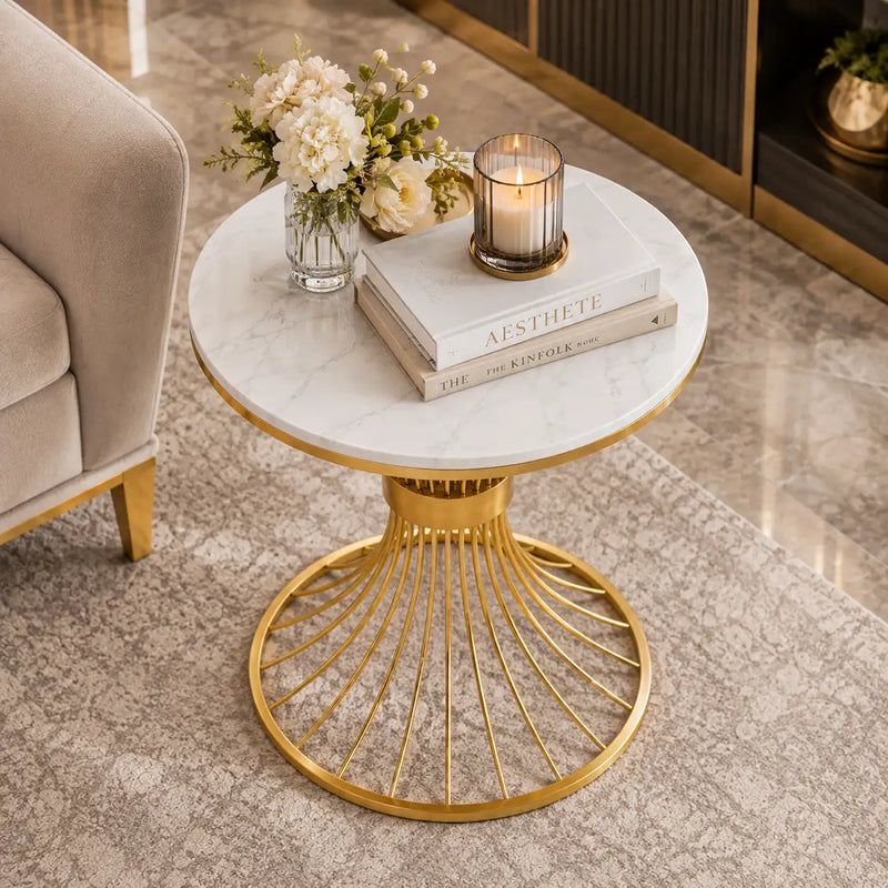 Round Marble Side Table with Gold Wire Base