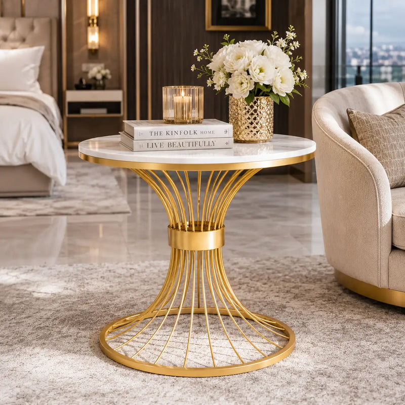 Round Marble Side Table with Gold Wire Base