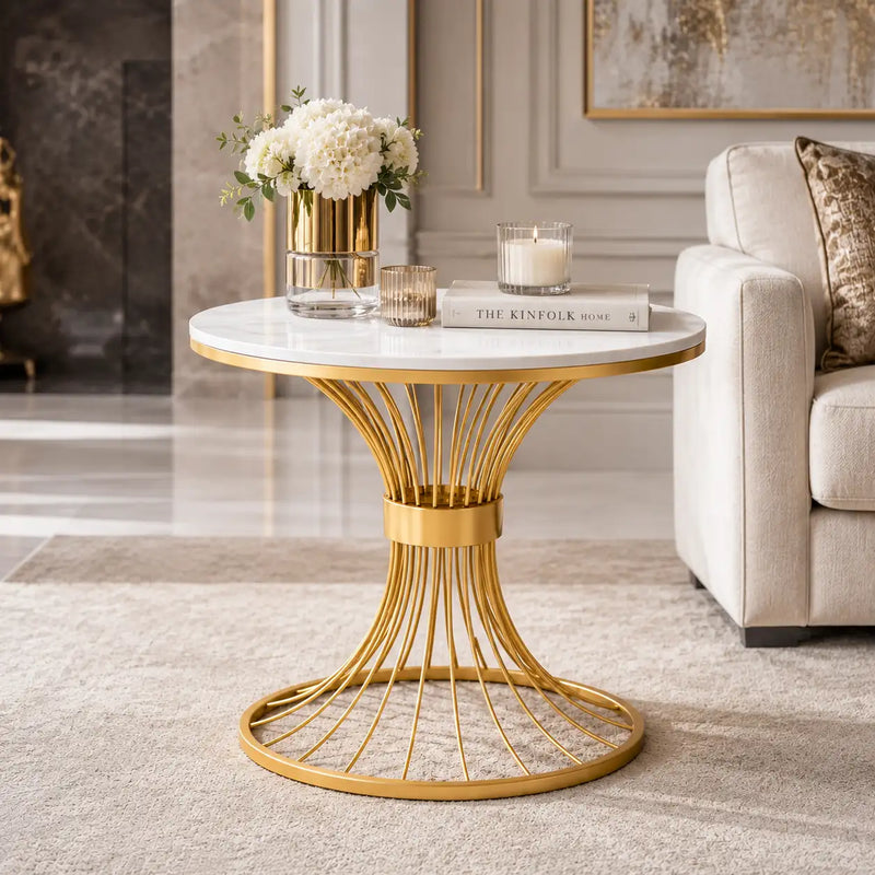 Round Marble Side Table with Gold Wire Base