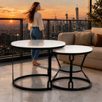 Round  Marble Top Nesting Coffee Table with Black Metal Frame