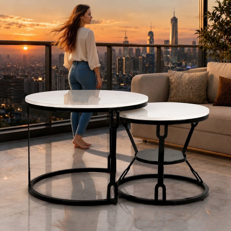 Round  Marble Top Nesting Coffee Table with Black Metal Frame