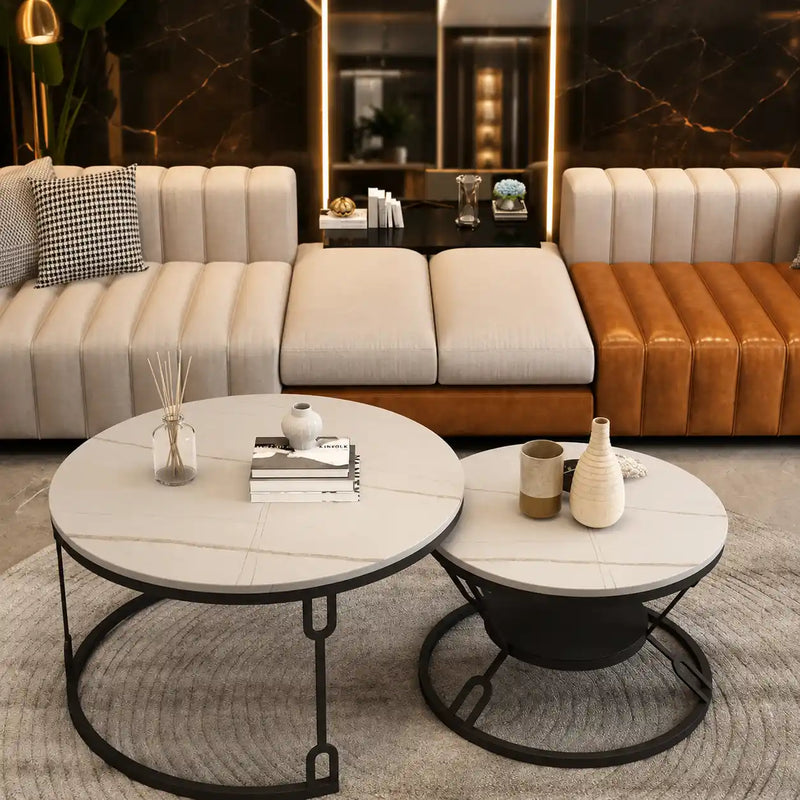 Round  Marble Top Nesting Coffee Table with Black Metal Frame