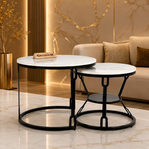Round  Marble Top Nesting Coffee Table with Black Metal Frame