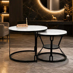 Round  Marble Top Nesting Coffee Table with Black Metal Frame