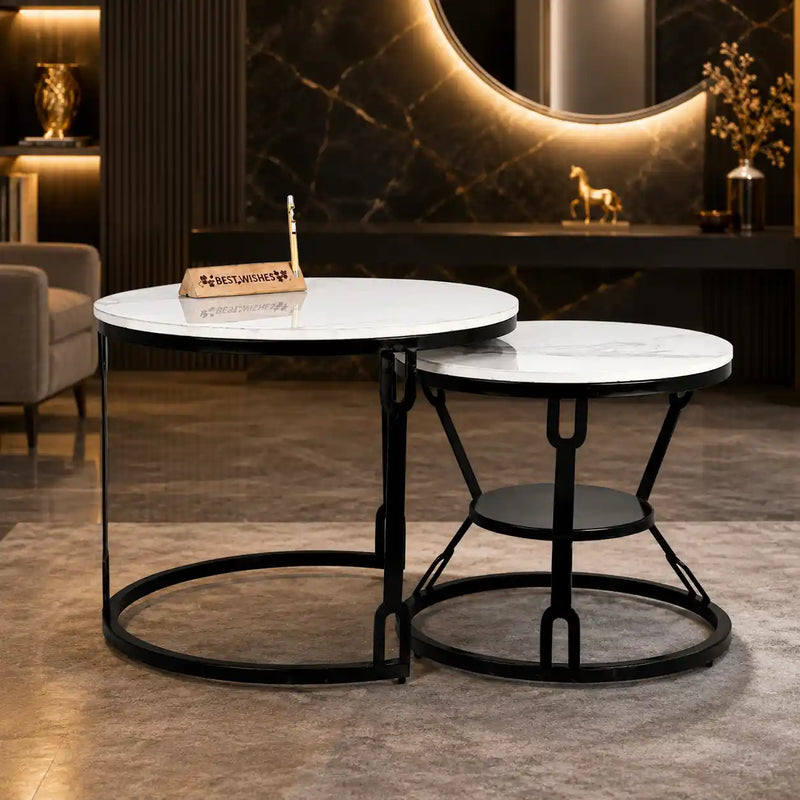 Round  Marble Top Nesting Coffee Table with Black Metal Frame