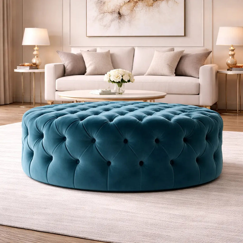 round-shape-assembled-wide-blue-velvet-ottoman