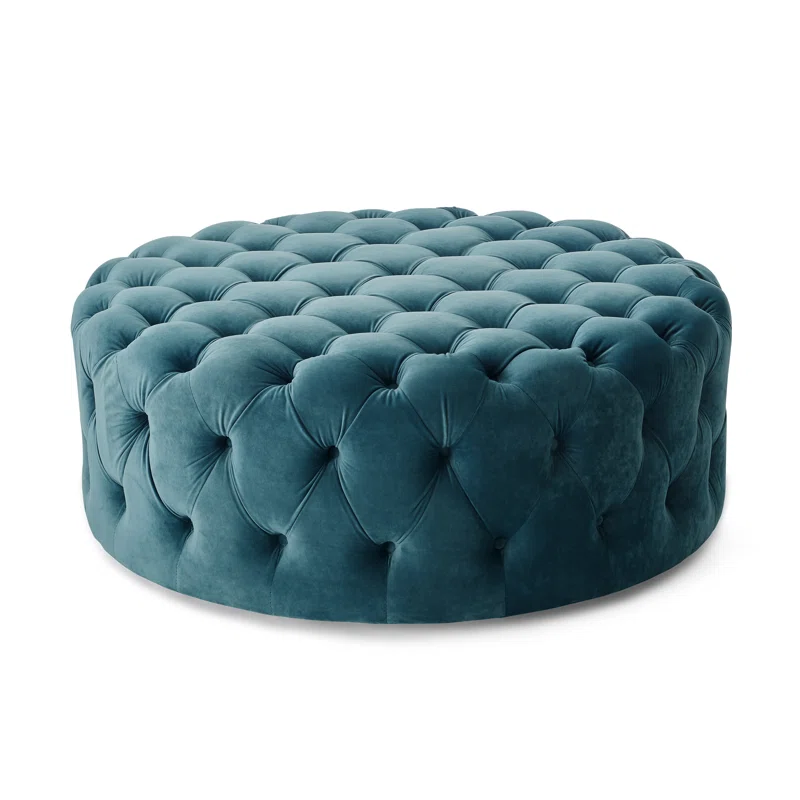 Round Shape Assembled Wide Blue Velvet Ottoman