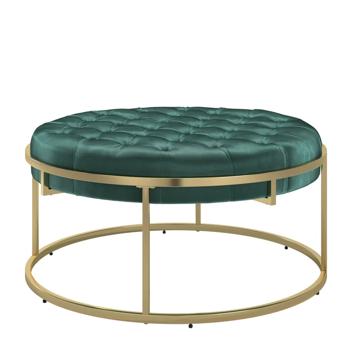 Round Shape Dark Green Velvet Ottoman with Golden Metal Finish