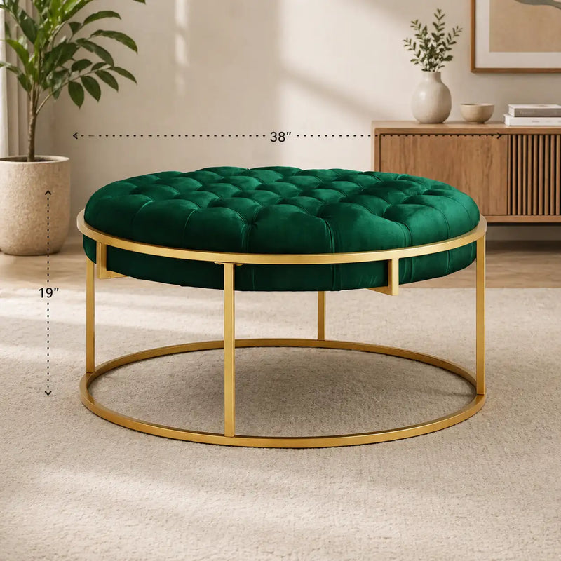 round-shape-dark-green-velvet-ottoman-with-golden-metal-finish