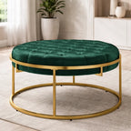 round-shape-dark-green-velvet-ottoman-with-golden-metal-finish