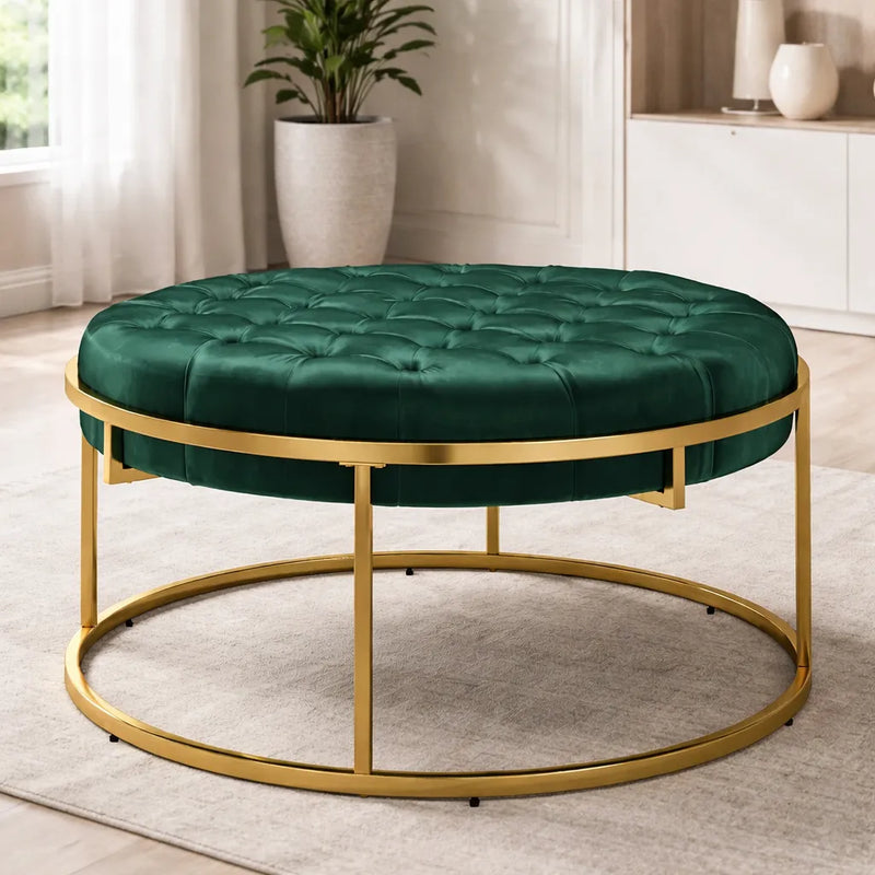round-shape-dark-green-velvet-ottoman-with-golden-metal-finish