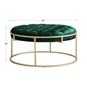 Round Shape Dark Green Velvet Ottoman with Golden Metal Finish