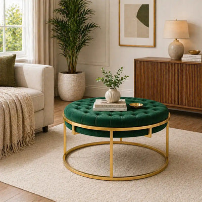round-shape-dark-green-velvet-ottoman-with-golden-metal-finish