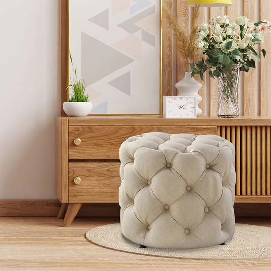 Round Shaped Beige Color Velvet Tufted Solid Puffy Ottoman