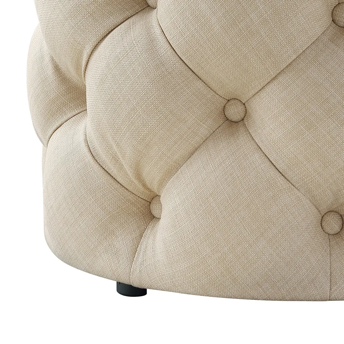 Round Shaped Beige Color Velvet Tufted Solid Puffy Ottoman