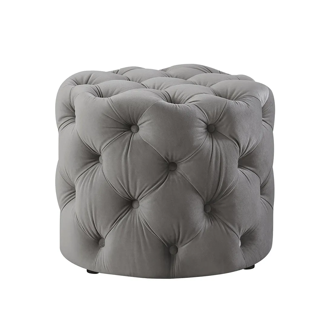 Round Shaped Grey Color Velvet Tufted Solid Puffy Ottoman