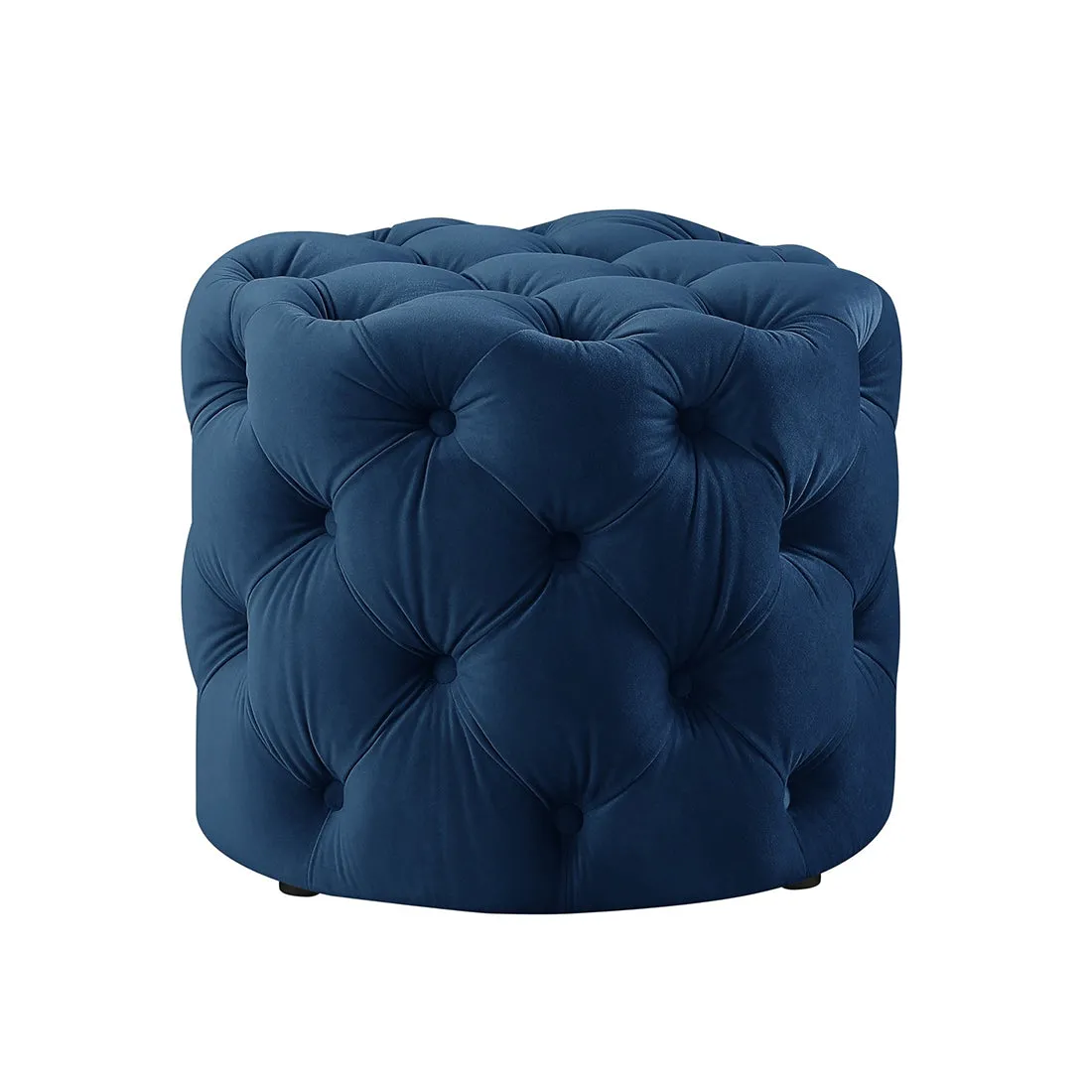 Rounded Shape Dark Blue Color Velvet Tufted Solid Puffy Ottoman