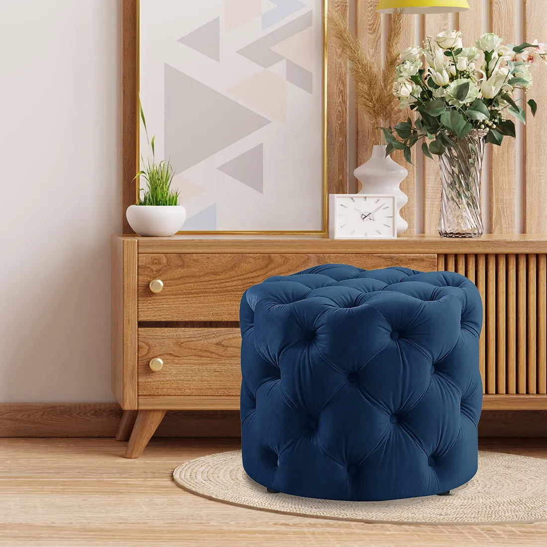 Rounded Shape Dark Blue Color Velvet Tufted Solid Puffy Ottoman