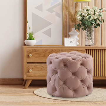 Rounded Shape Pink Color Velvet Tufted Solid Puffy Ottoman