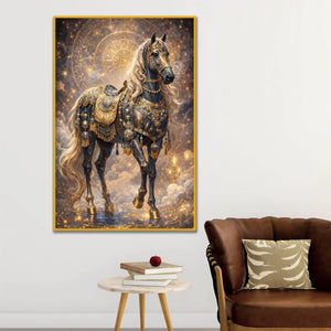 Royal Black Horse Floating Frame Crystal Wall Painting