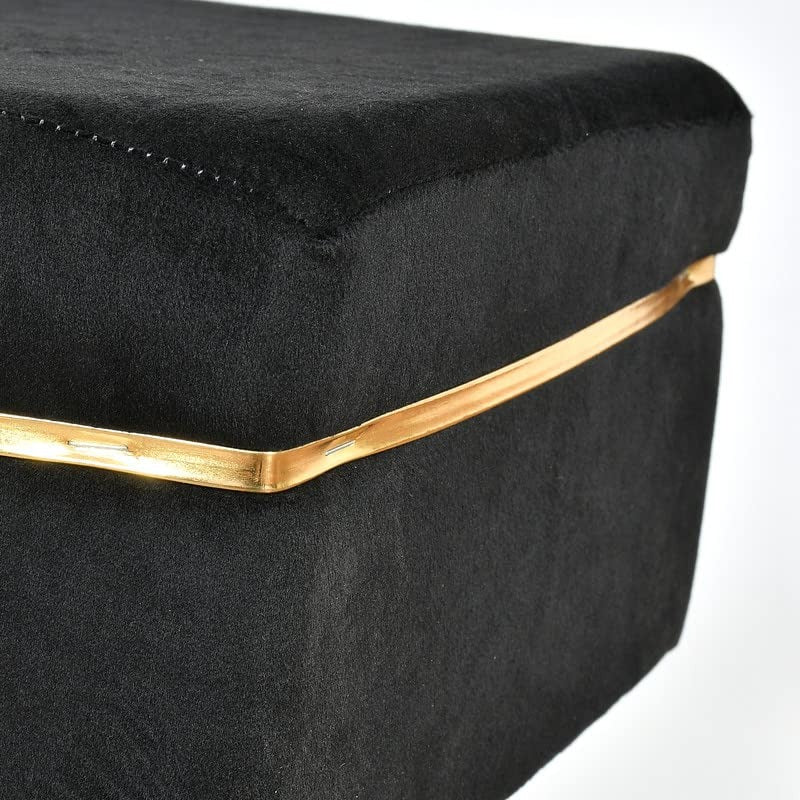 Royal Black Velvet Ottoman Bench with Golden Classic Legs