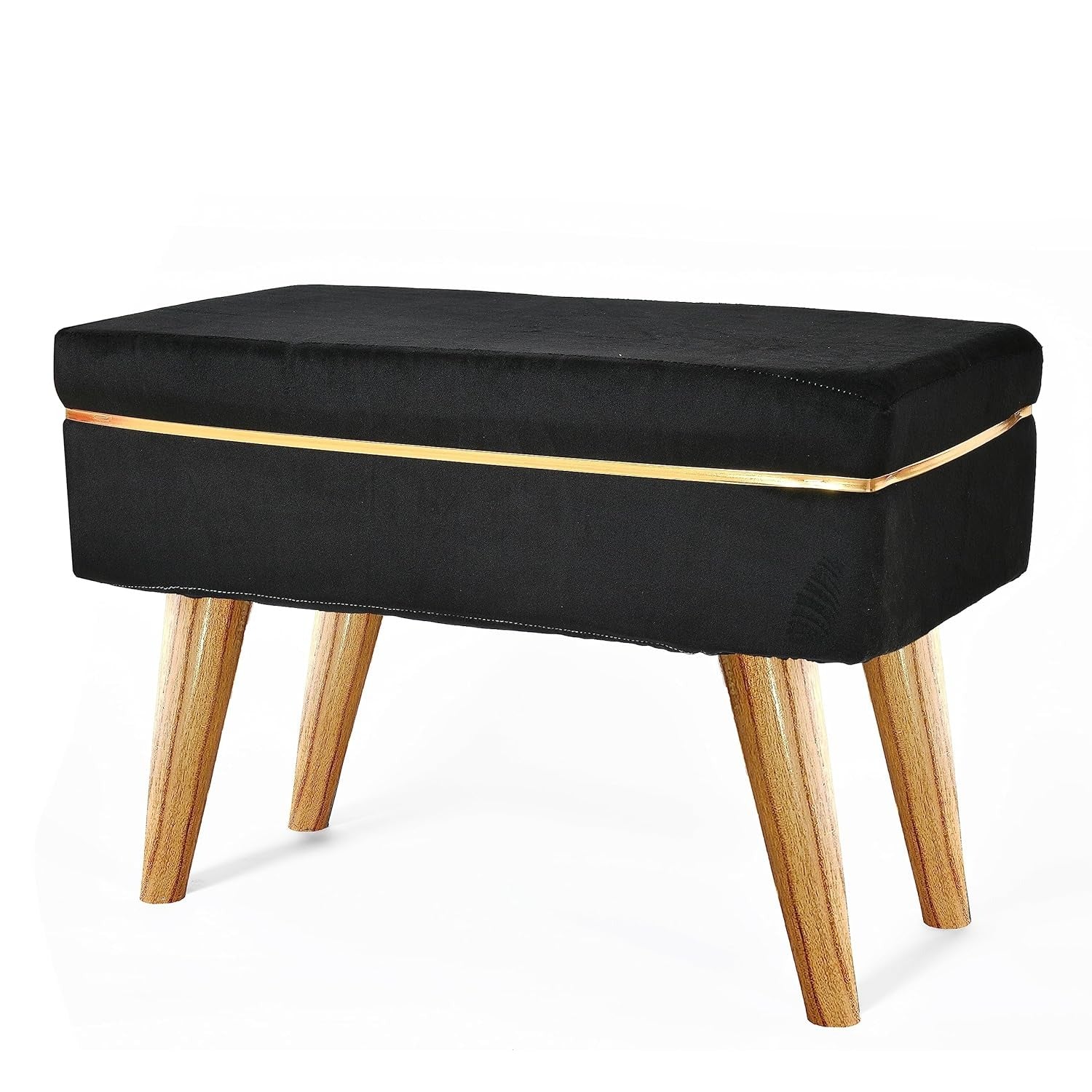 Royal Black Velvet Ottoman Bench with Golden Classic Legs
