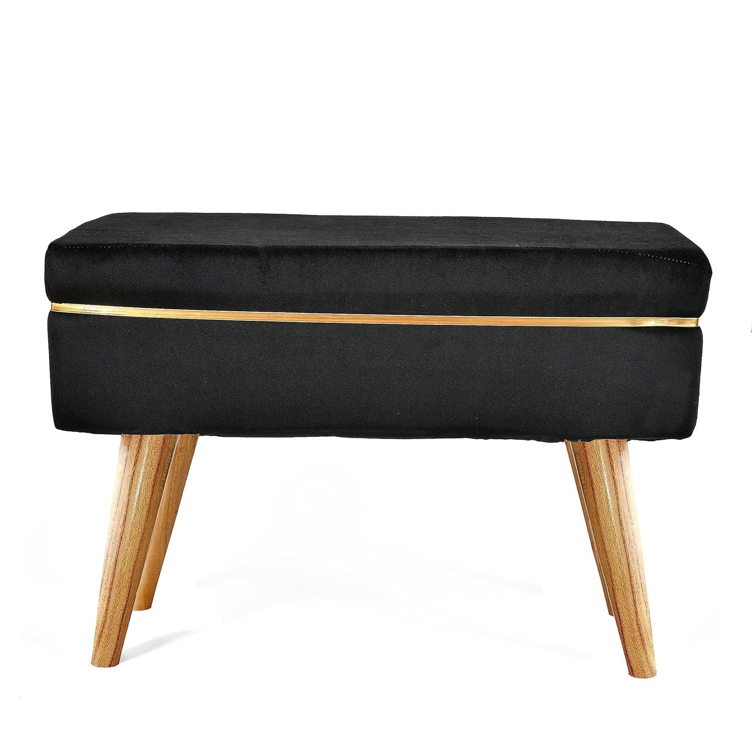 Royal Black Velvet Ottoman Bench with Golden Classic Legs