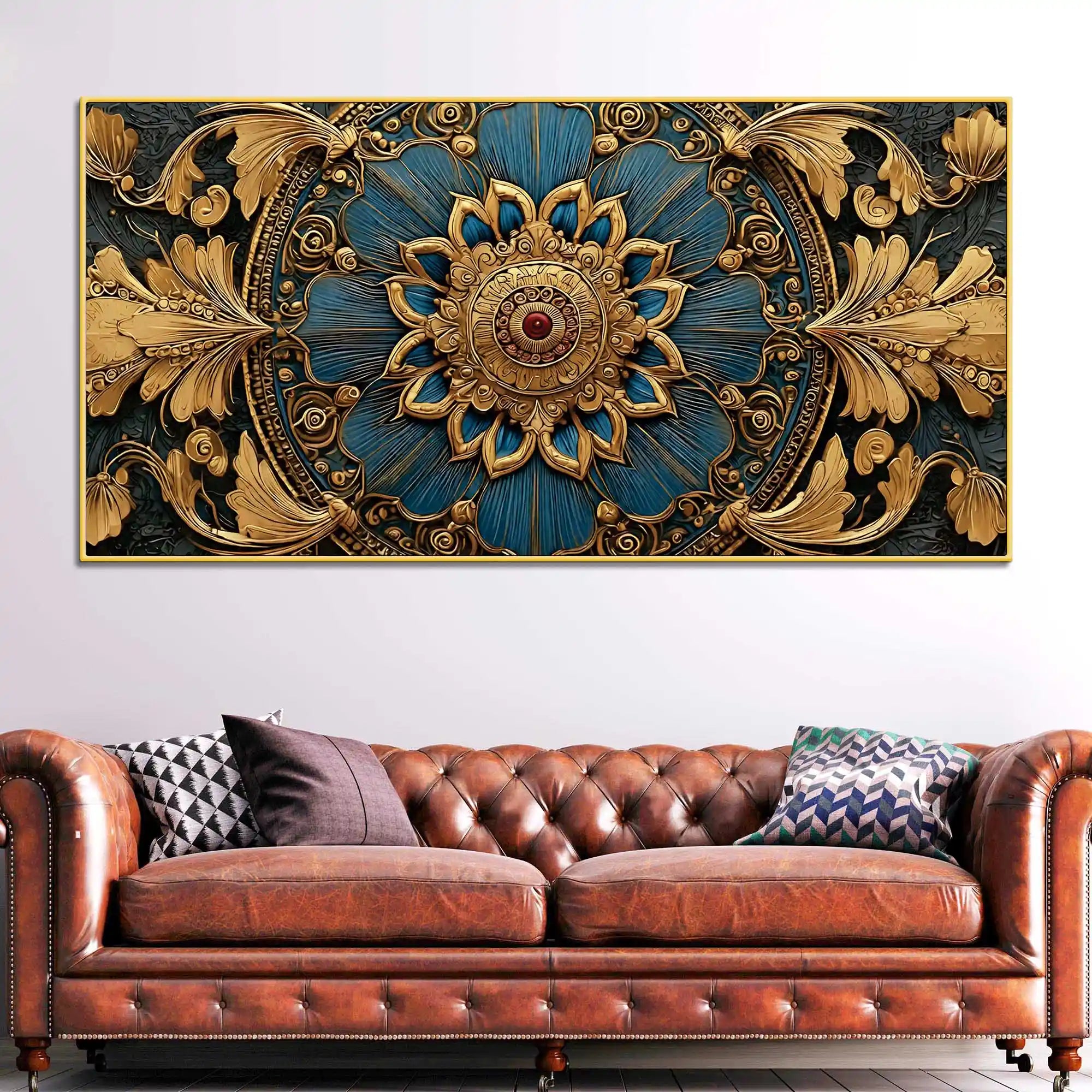 Royal Blue and Gold Mandala Canvas Wall Painting for Home Decor