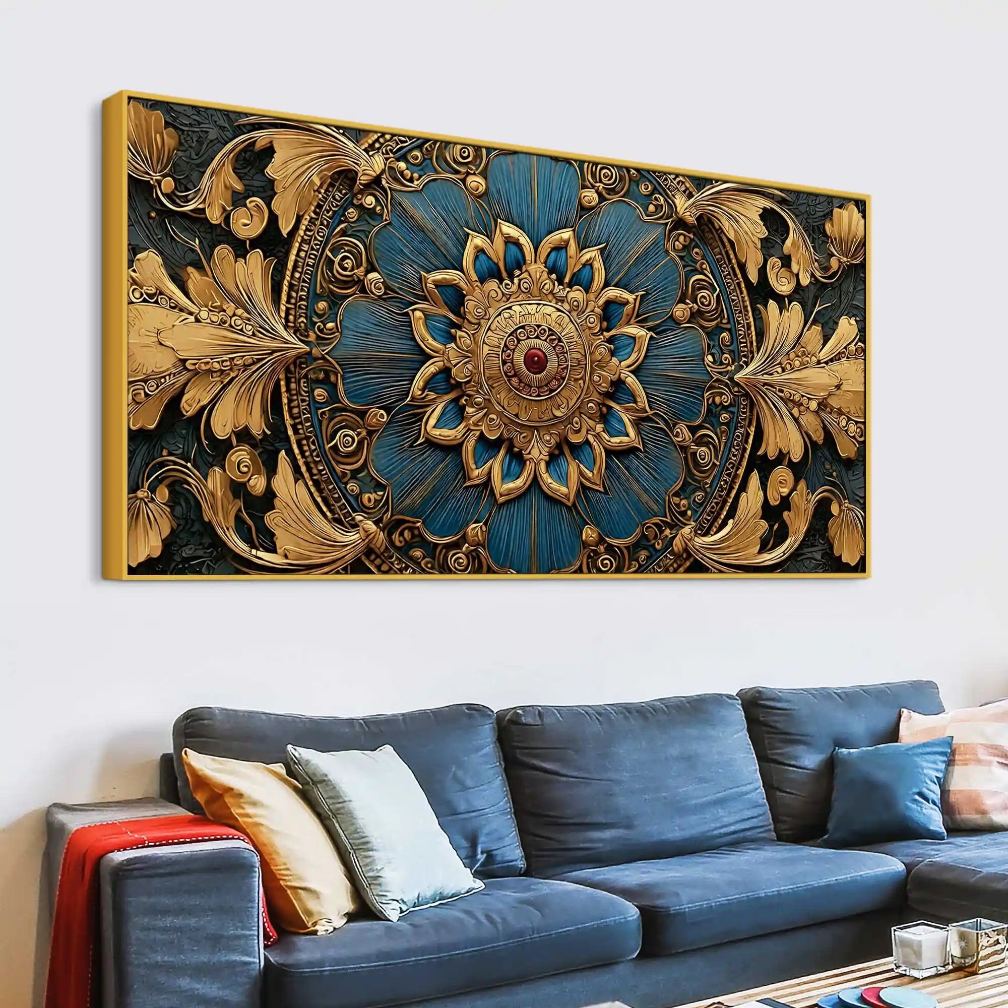 Royal Blue and Gold Mandala Canvas Wall Painting for Home Decor