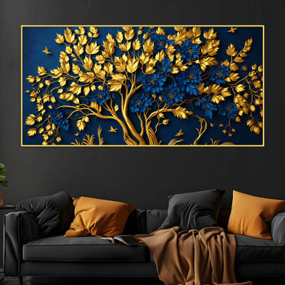 Royal Blue Blossom Tree with Golden Leaves 3D Canvas Wall Painting