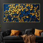 Royal Blue Blossom Tree with Golden Leaves 3D Canvas Wall Painting