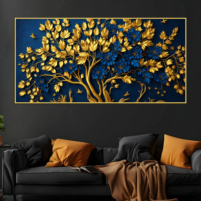 Royal Blue Blossom Tree with Golden Leaves 3D Canvas Wall Painting