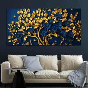 Royal Blue Blossom Tree with Golden Leaves 3D Canvas Wall Painting