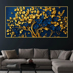 Royal Blue Blossom Tree with Golden Leaves 3D Canvas Wall Painting