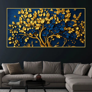 Royal Blue Blossom Tree with Golden Leaves 3D Canvas Wall Painting