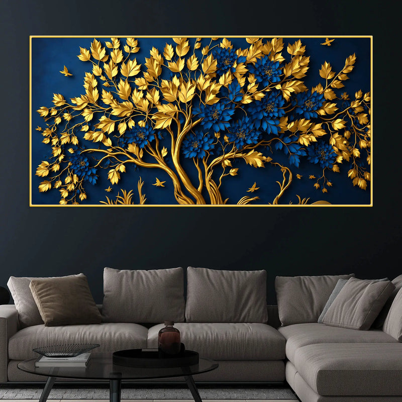 Royal Blue Blossom Tree with Golden Leaves 3D Canvas Wall Painting