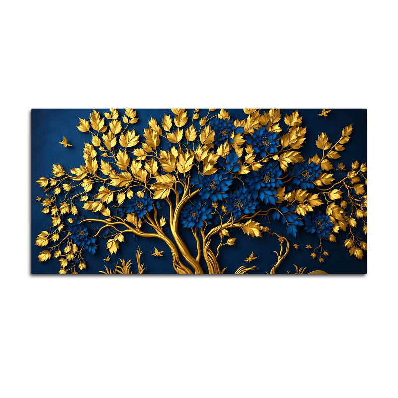 Royal Blue Blossom Tree with Golden Leaves 3D Canvas Wall Painting