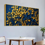 Royal Blue Blossom Tree with Golden Leaves 3D Canvas Wall Painting