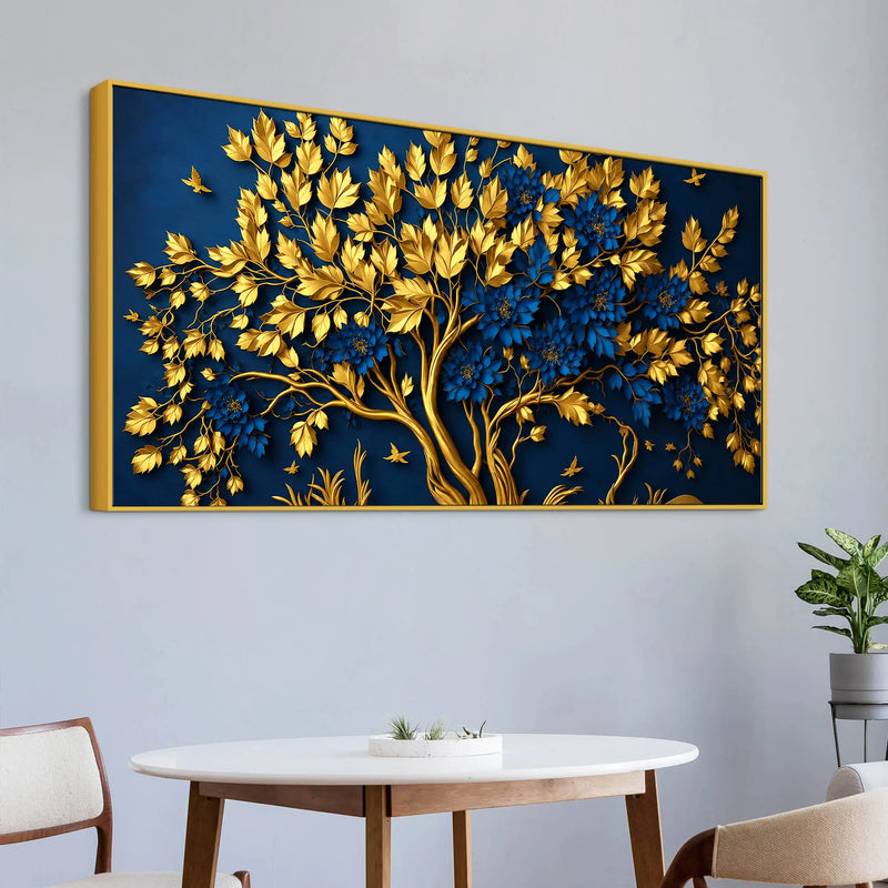 Royal Blue Blossom Tree with Golden Leaves 3D Canvas Wall Painting