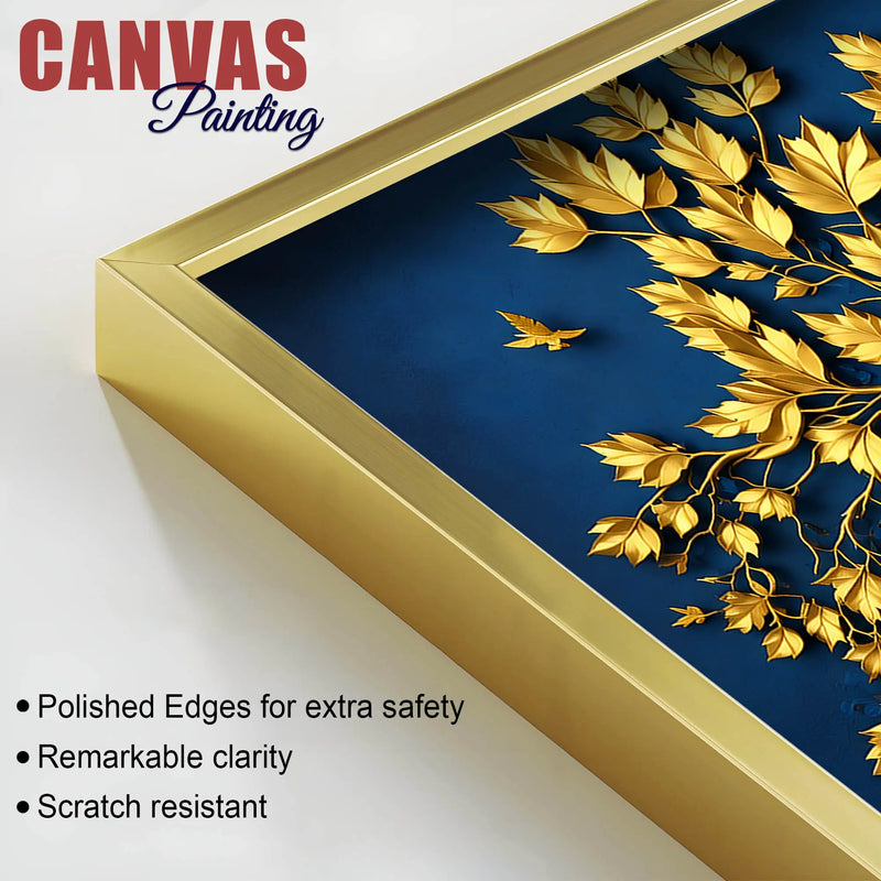 Royal Blue Blossom Tree with Golden Leaves 3D Canvas Wall Painting